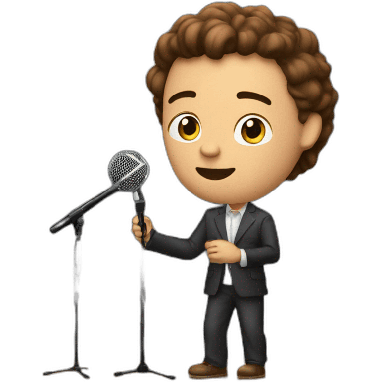  men with brown hair and light skin on stage spotlight with microphone stand in front of him with show spotlights on a stage emoji