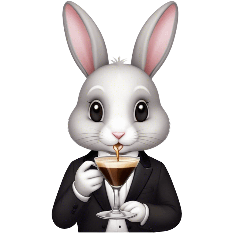 Black and white bunny drinking an espresso martini emoji