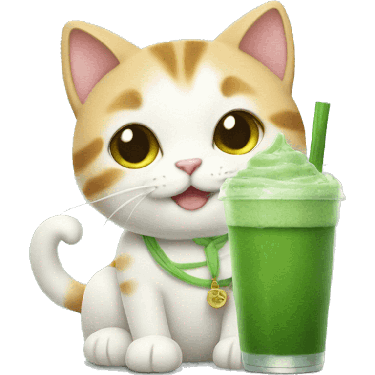 Cute cat holding iced matcha  emoji