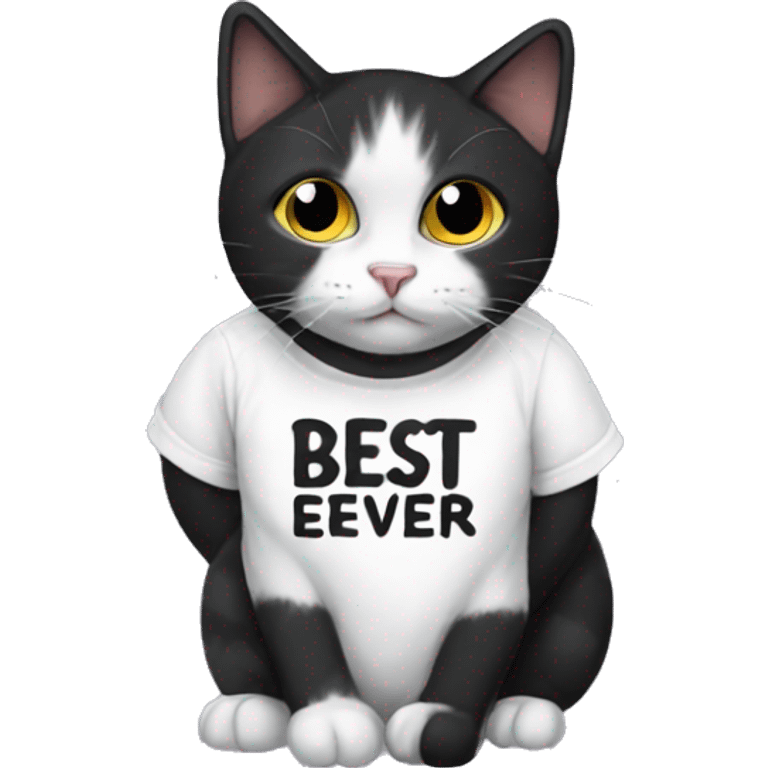 Black and white cat wearing a shirt that says best cat ever emoji