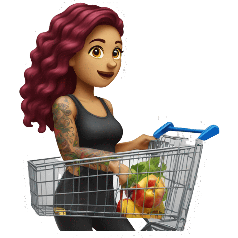 Beautiful tattooed burgundy long haired woman pushing shopping cart emoji