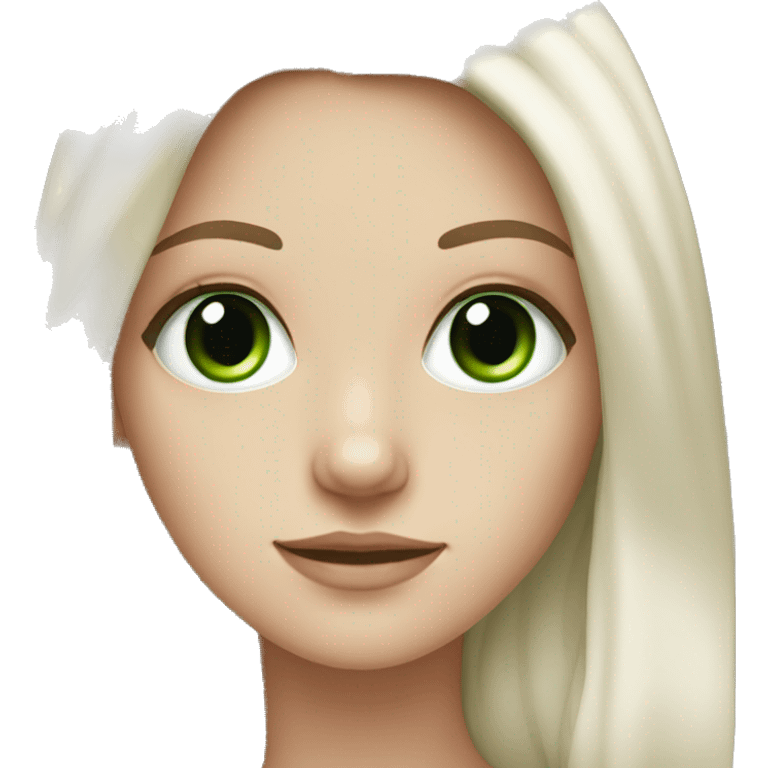 White Girl with black long hair, green eyes,  emoji