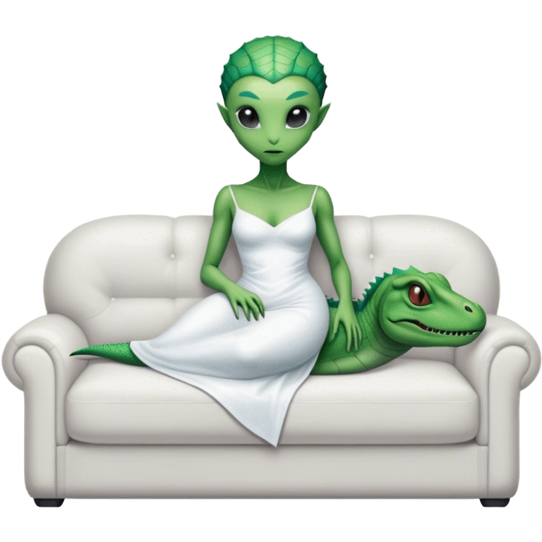 a reptilian alien woman, in white dress, lie on couch comfy, full figure emoji