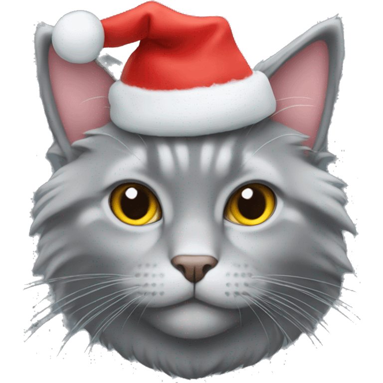 Fluffy grey cat wearing Christmas hat emoji