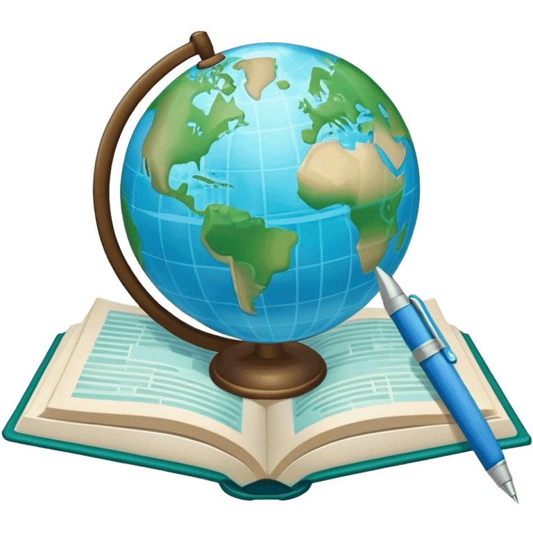 Create an emoji representing language translation. The design should feature just one globe in the background, symbolizing international communication. In front of the globe, place two opened books with texts on them and a pen nearby to indicate the act of writing. Use a clean and professional color palette with blues, greens, and neutral tones. Make the background transparent. emoji