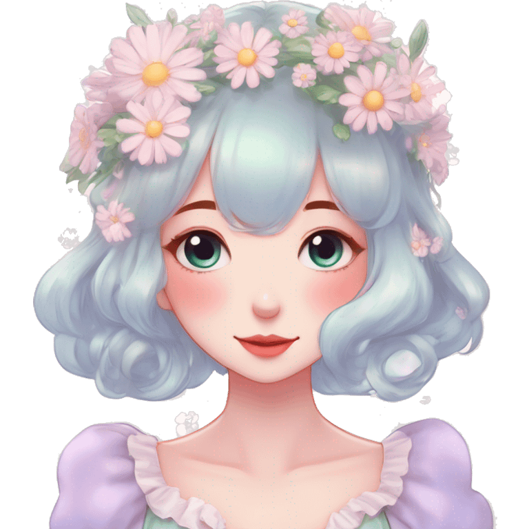 Gorgeous pastel anime style lady with blushing face and daisies cottagecore fairycore pastelcore shiny colorful pearly romantic simplistic aesthetic trending style emoji