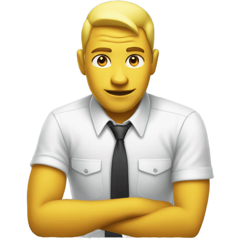 yellow skin man using white keyboard on desk wearing white button down shirt front view emoji