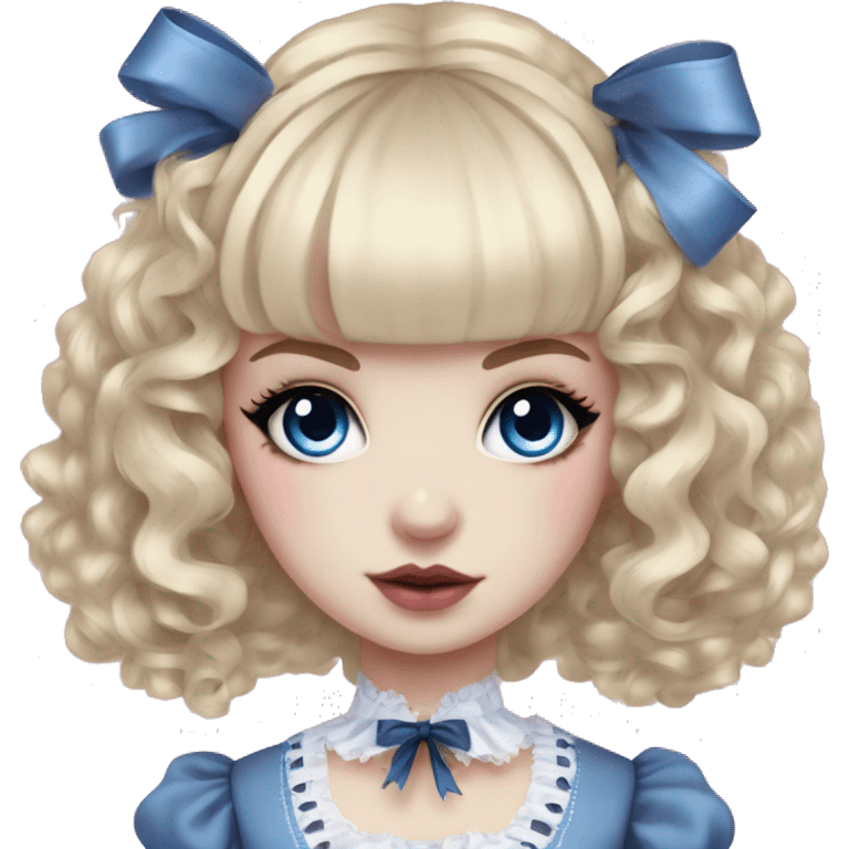 pale woman with blonde curly hair and bangs, pink lips and eyeshadow, long eyelashes, blue eyes, blue Lolita dress with laces and ribbons, gothic Lolita doll look emoji