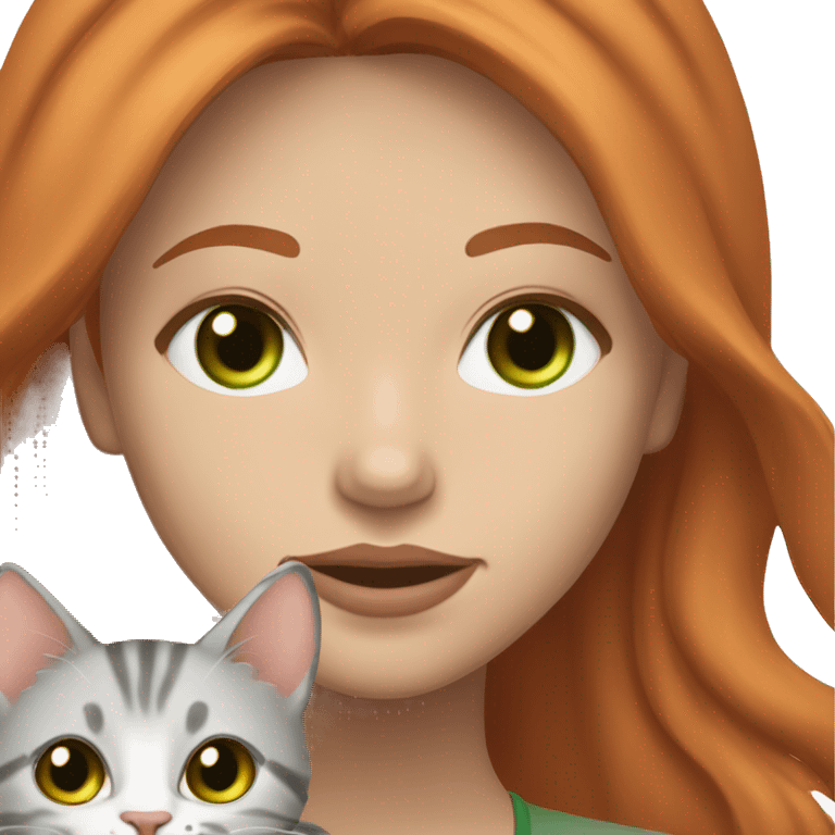 Pretty redhead woman with light brown eyes and long lashes holding a very cute light gray tabby with a slightly orange hue and green eyes  emoji