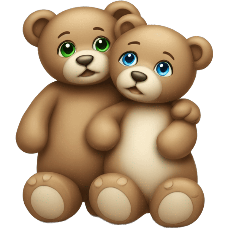 Two teddy bears cuddling one has blue eyes the other one has green eyes emoji