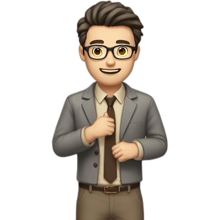 To belt Actively gesturing with hands Pale skinned fit man teacher with dark brown hair in gray jacket, beige office shirt, brown tie, brown pants and vintage glasses. emoji