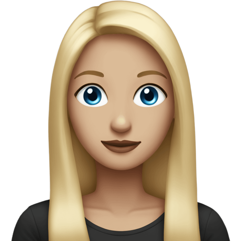 beautiful woman, long straight blonde hair, blue eyes, black t shirt emoji