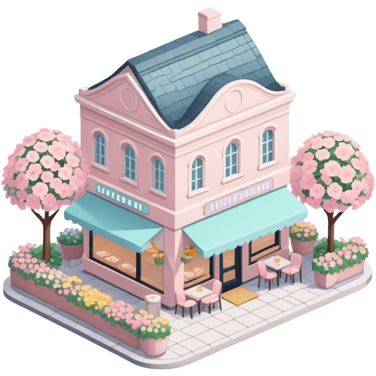 isometric exterior little pastel restaurant with abundant florals everywhere emoji