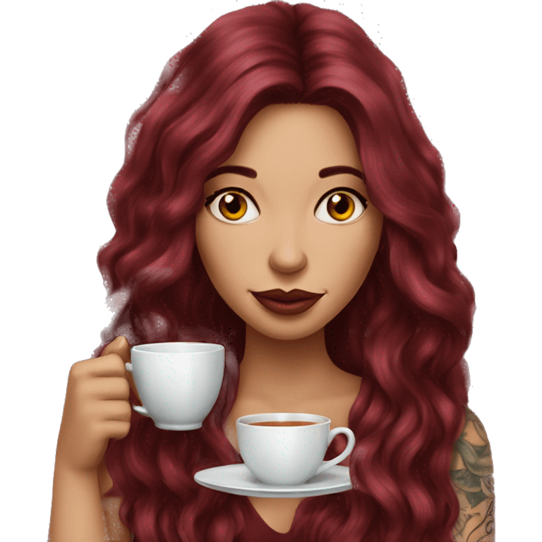 Beautiful tattooed  burgundy long haired woman sipping tea emoji