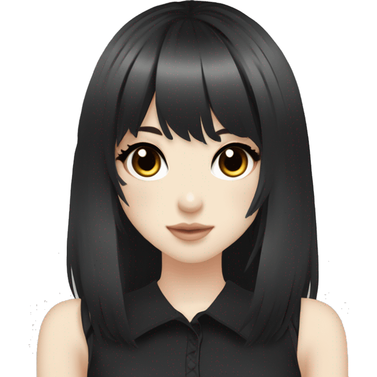 hime gyaru girl, pale skin with brown eyes and black hair with bangs, dark makeup, black shirt emoji