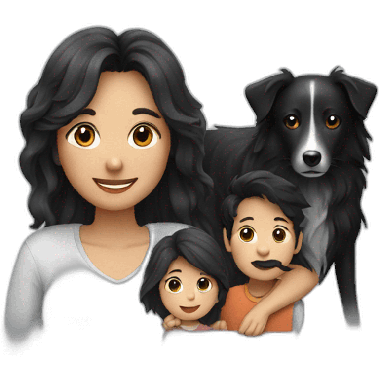 Family formed by a man a woman with long black hay and one small black border collie emoji