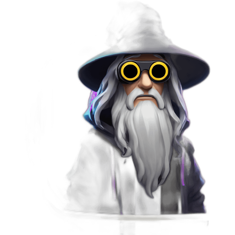 Gandalf wearing a black hoodie with "OMG" letters on it and VR headset in a cyberpunk VR environment with violet neon lighting. emoji