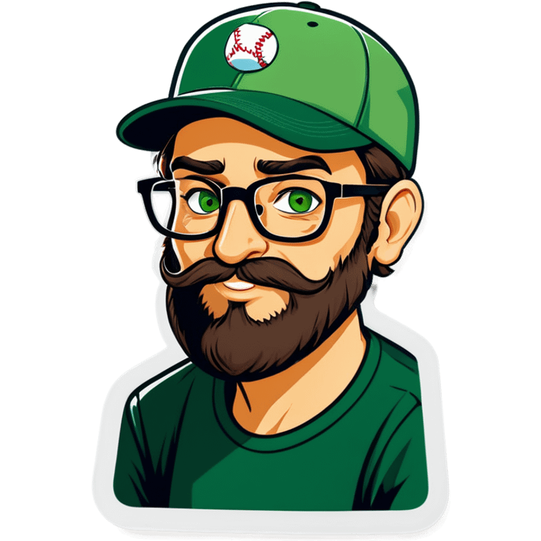 A geek nan with a brown beard and green eyes, baseball cap, glasses, drinking beer emoji