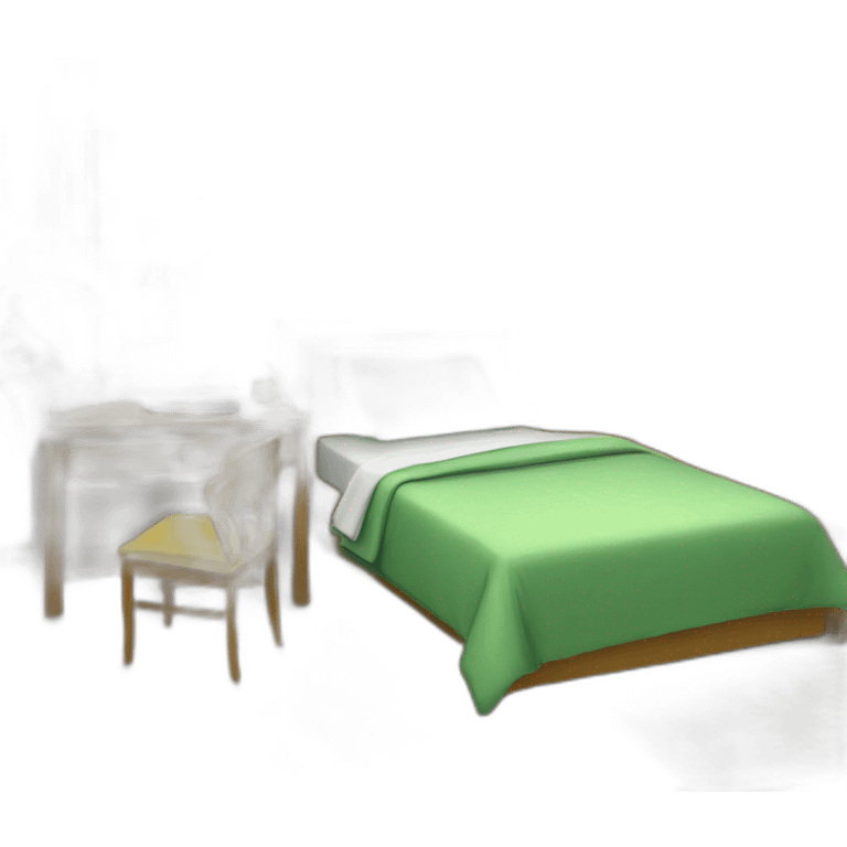 a bedroom with two green cupboards, bed with yellow pillow and quilt and a desk with PC emoji