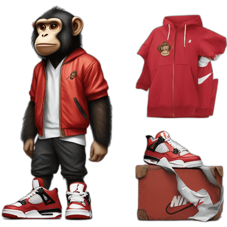 Monkey wearing Jordan 4 on its  feet with a bunch of Nike clothes emoji