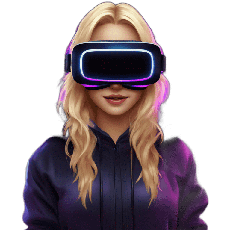 Russian blondy girl celebrating her birthday wearing a black hoodie and VR headset in a cyberpunk VR environment with violet neon lighting emoji