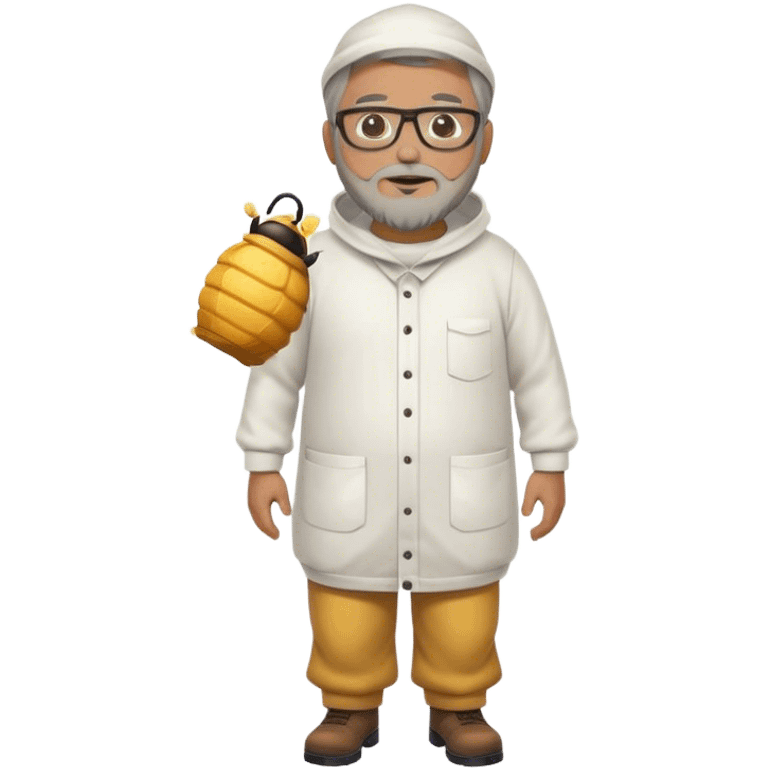 full body plus size bee keeper with light brown and gray hair a goatee wearing glasses  emoji