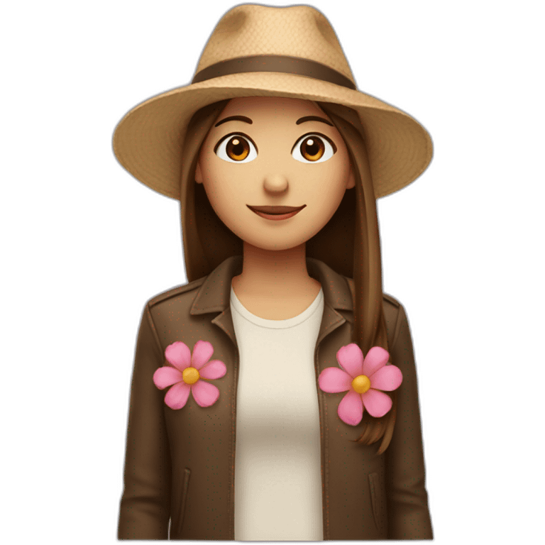 Girl with brown straight hair wearing a hat and flower emoji