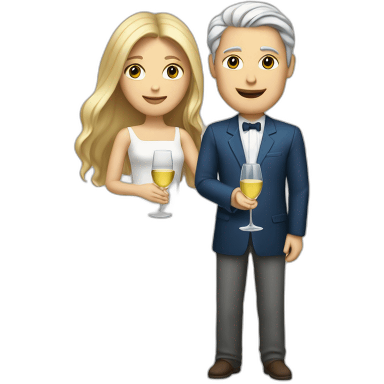 A white woman, she has brown eyes and blond medium long hair. A white man, he has blue eyes and grey hair. They toast to each other with a glass of white wine. emoji