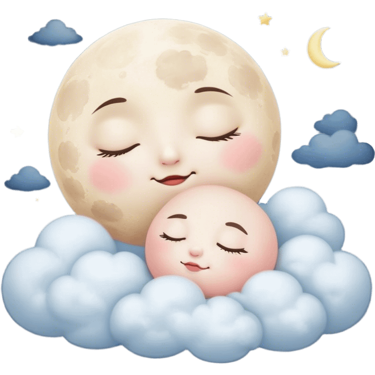 Cinematic adorable moon with a sleepy face, round and chubby, soft glowing light, tiny rosy cheeks, resting on a bed of fluffy clouds, dreamy and peaceful. emoji