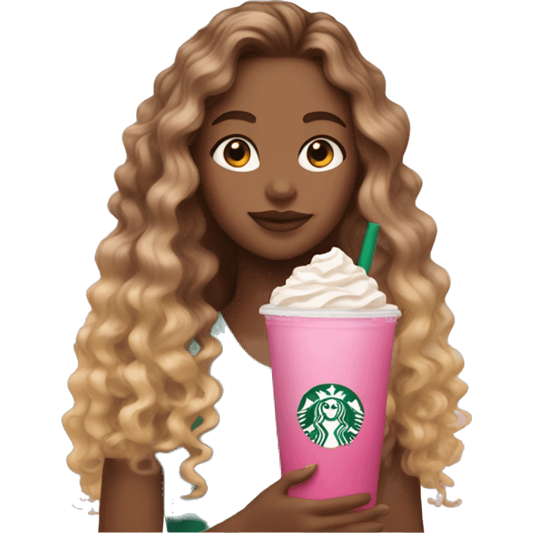 girl with brown and blonde ombré long curly hair holding Pink starbucks refresher emoji