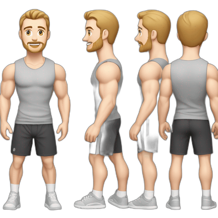 Full height Pale skinned fit man With biceps, Realistic eyes and mouth, light brown hair and stubble In dark gray sleeveless mike, black oversize sports shorts, watch and white sneakers. emoji