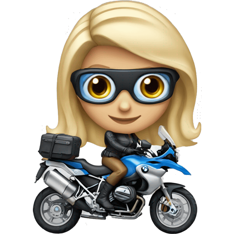 blond lady, 50 years, blue eyes on motorcycle bmw gs 700, wearing helmet emoji