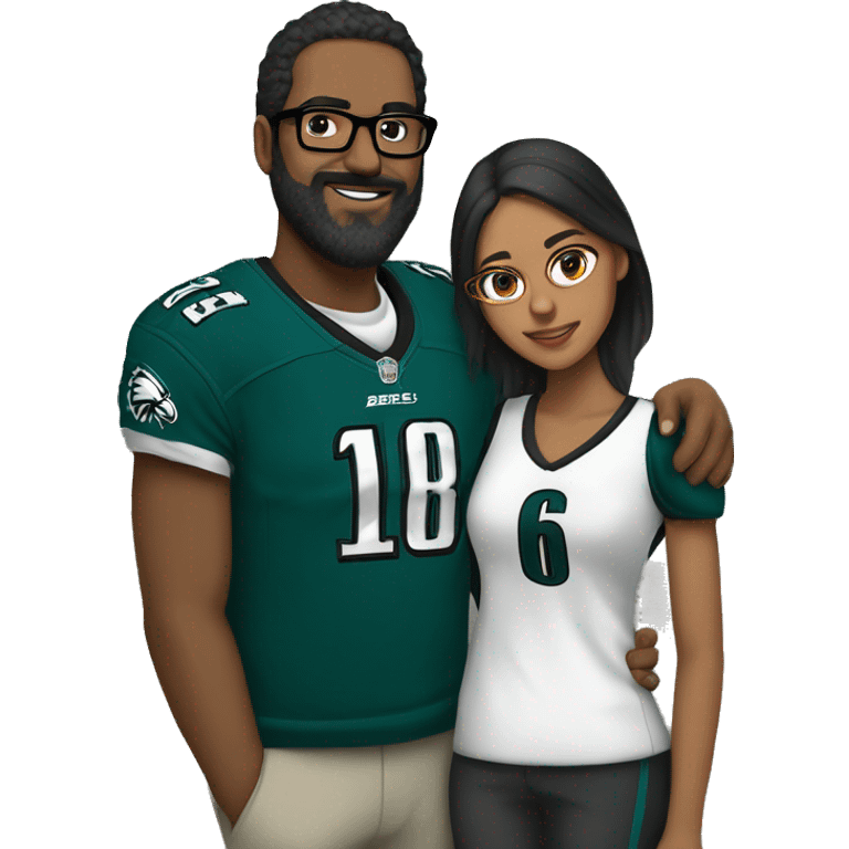 Brown guy with beard mustache and brown girl with glasses and her hair in a bun in Philadelphia eagles clothes holding hands emoji