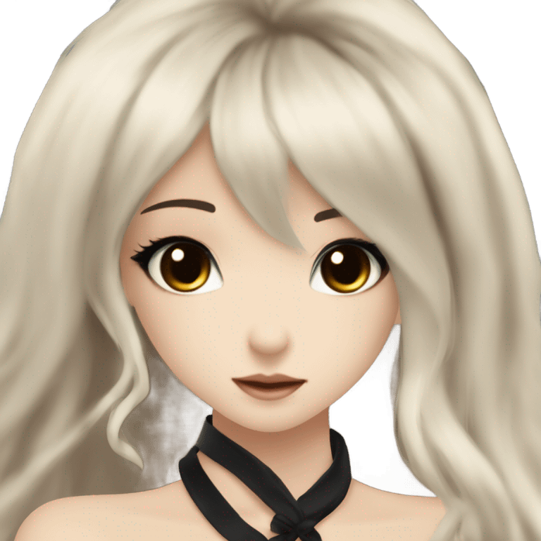 hime gyaru girl with LONG SILKY BLACK HAIR, with black satin halter top with chest, very pale skin and pretty brown monolid eyes emoji