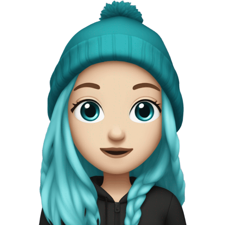 White girl, blue eyes, long teal hair, purple beanie hat, black hoodie, blue jeans, black shoes emoji