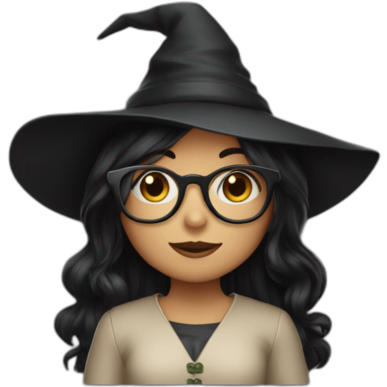 girl with black long hair, glasses and witch hat emoji