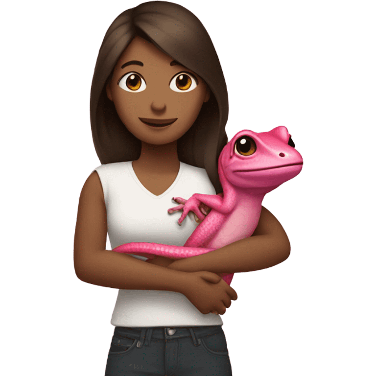 White female with dark brown hair hugging a pink lizard  emoji