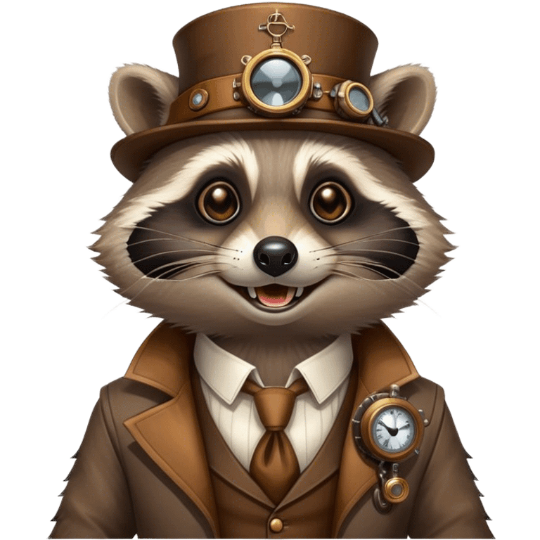 Steampunk style illustration depicting a happy raccoon emoji