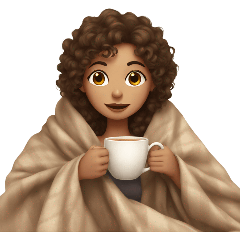 Brown hair Girl with curly hair drinking tea, with a cozy nude blanket emoji