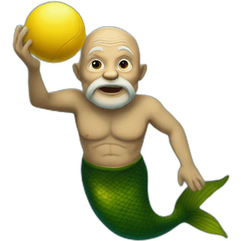 Underwater old man mermaid swimming, bold with no hair, holding a small yellow ball, winning enthousiasm emoji