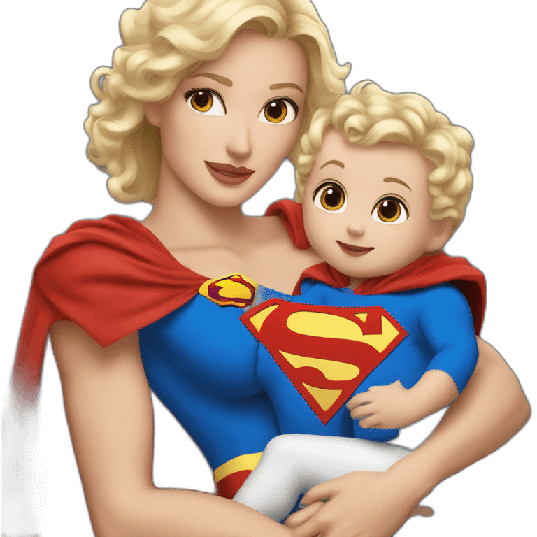 mother white skin light brown hairs dressed as Superman with a cape holding a blondbaby emoji