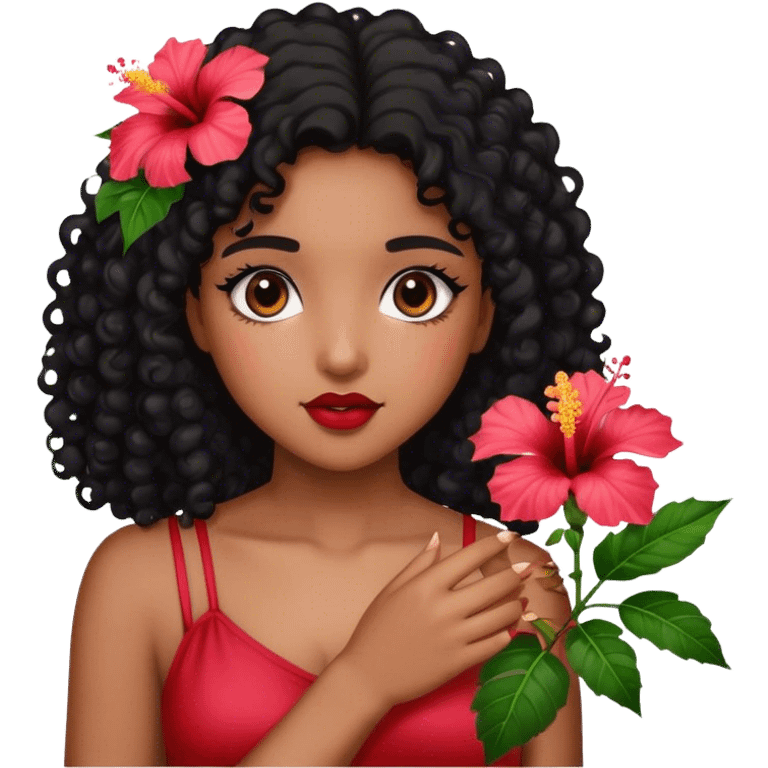 Girl with brown skin with black curly hair holding hibiscus flowers emoji