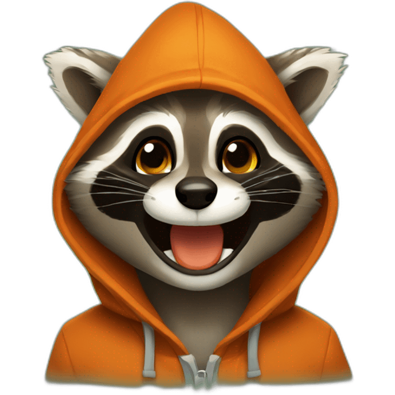 brown raccoon with orange eyes and a dark green hood that is laughing emoji