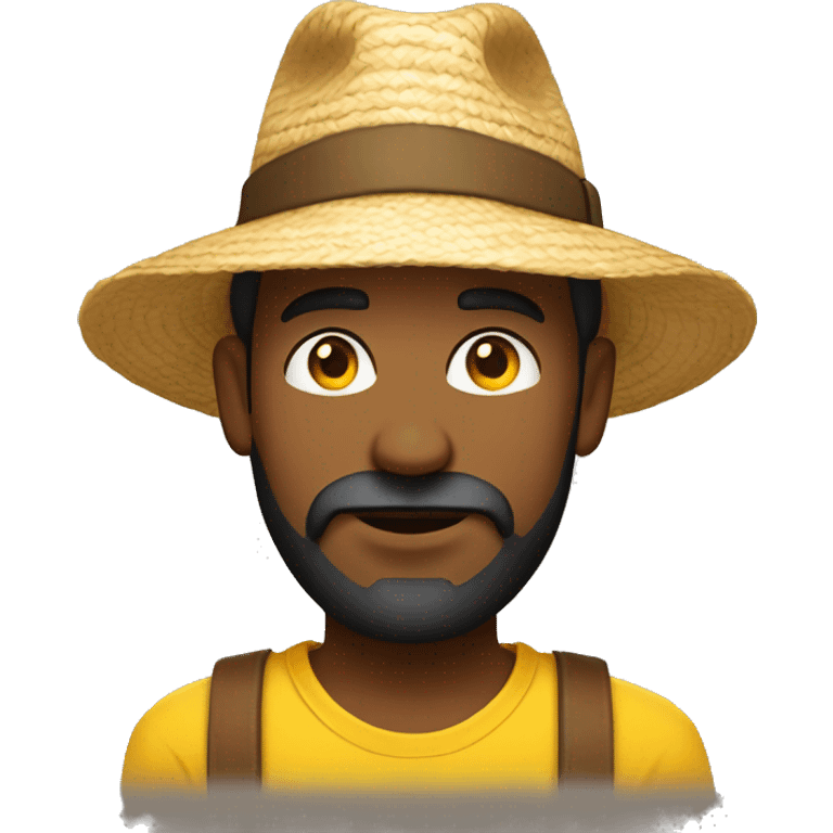 man with brown beard, light brown skin, big eye brows, wearing a straw hat and a yellow t-shirt emoji