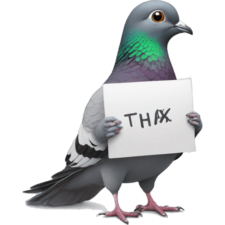 pigeon holding a sign that says "thx" emoji