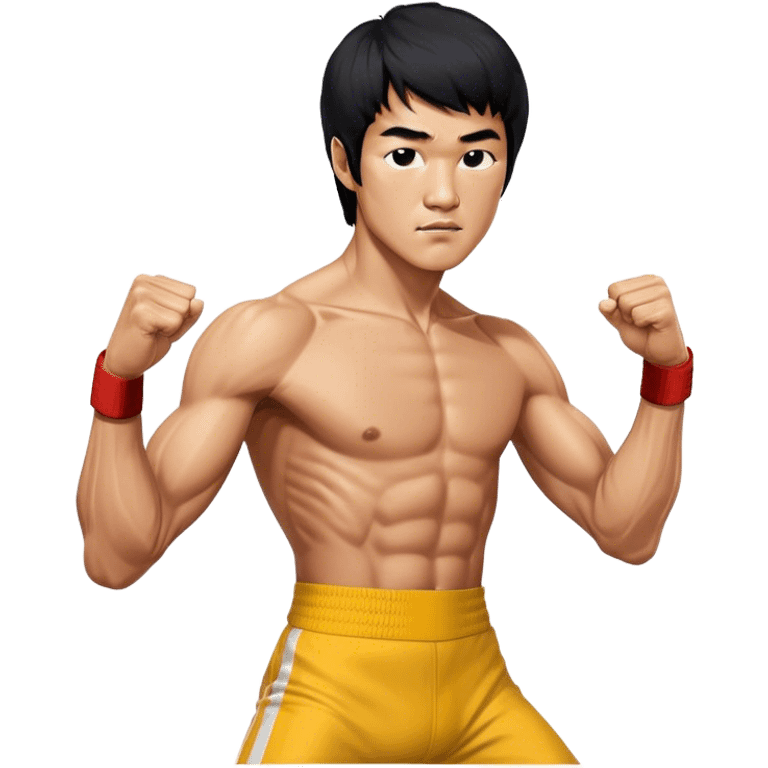 Cinematic Realistic portrait of Bruce Lee, shown as a legendary martial artist in a dynamic, powerful pose with modern athletic attire and finely detailed muscle definition, rendered in dramatic action lighting emoji