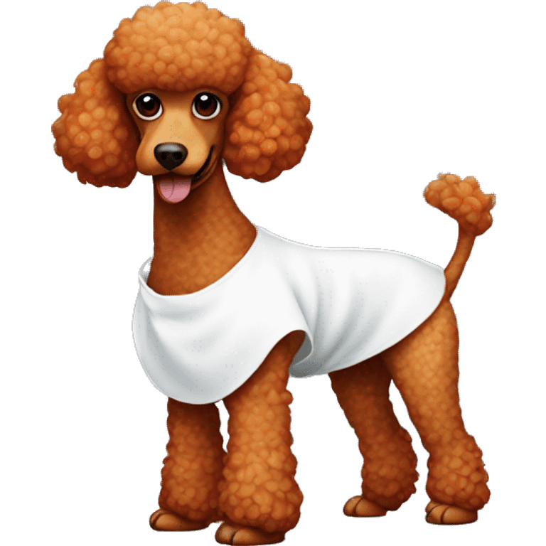 Red poodle in a white dress with a small dinosaur  emoji