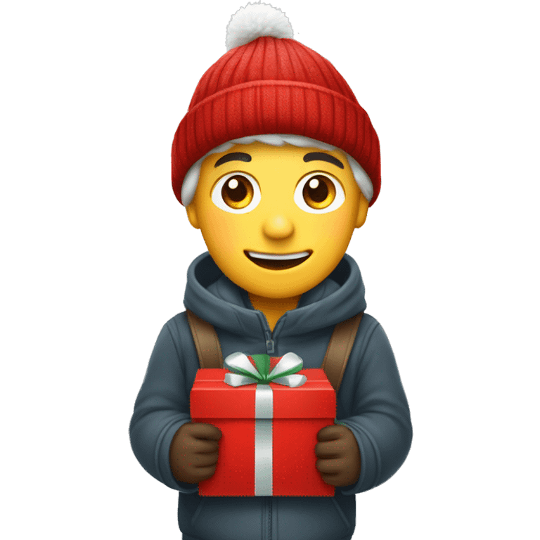 German boy going christmas shopping, buying a lot of gifts, wearing warm clothes and a christmas hat emoji