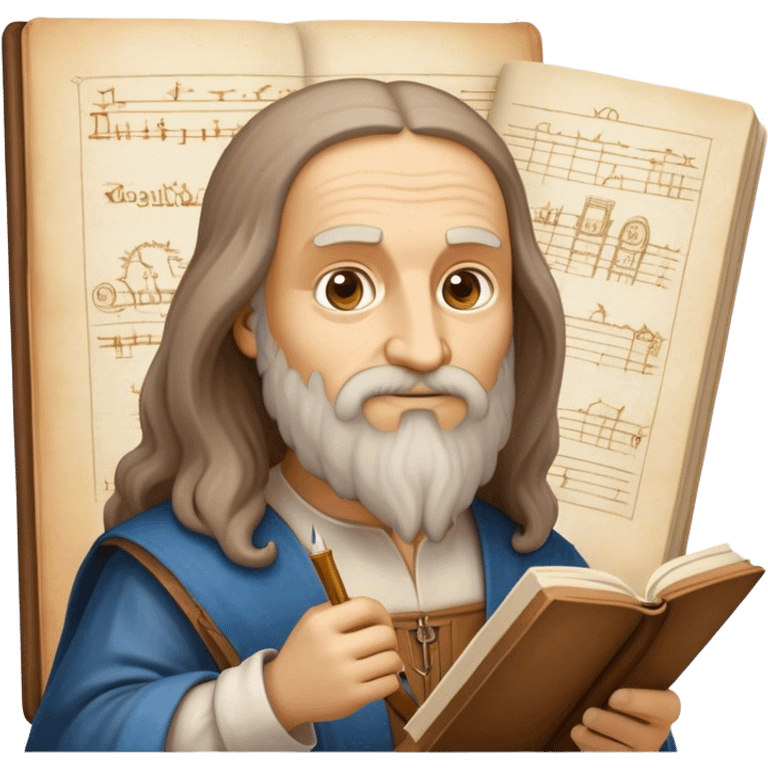 Cinematic Realistic Leonardo da Vinci Portrait Emoji, depicted as the quintessential Renaissance polymath with deep, thoughtful eyes, a flowing beard, and a quill or sketchbook in hand. The scene is illuminated with warm, classical lighting, evoking the atmosphere of a master artist’s workshop, surrounded by early sketches of inventions and masterpieces like the Mona Lisa. emoji