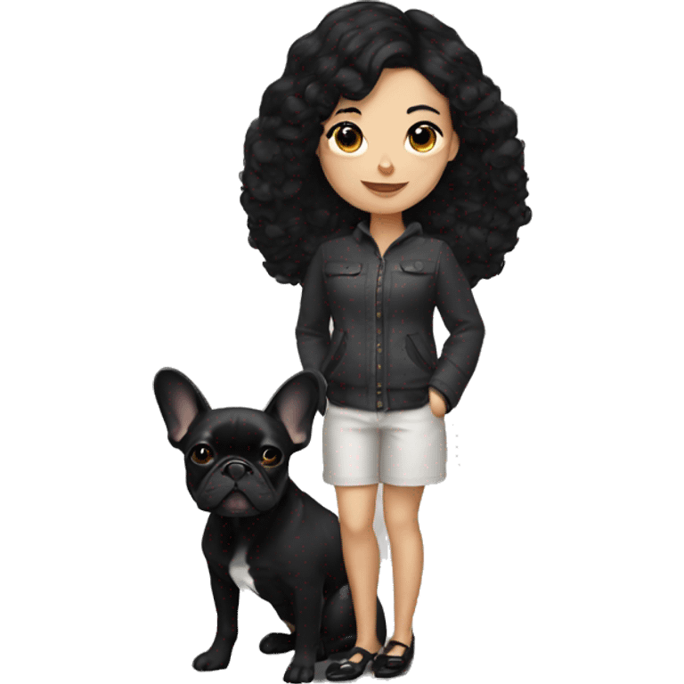 Woman with black hair and black French bulldog emoji